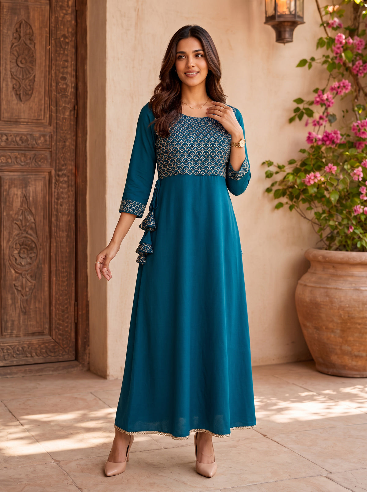 Rayon Embroidered Flared Calf Length Dress