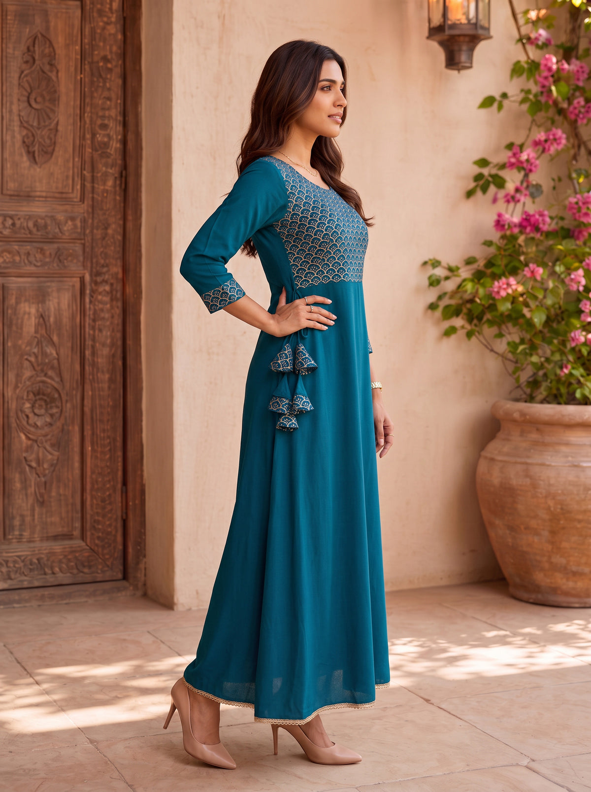 Rayon Embroidered Flared Calf Length Dress