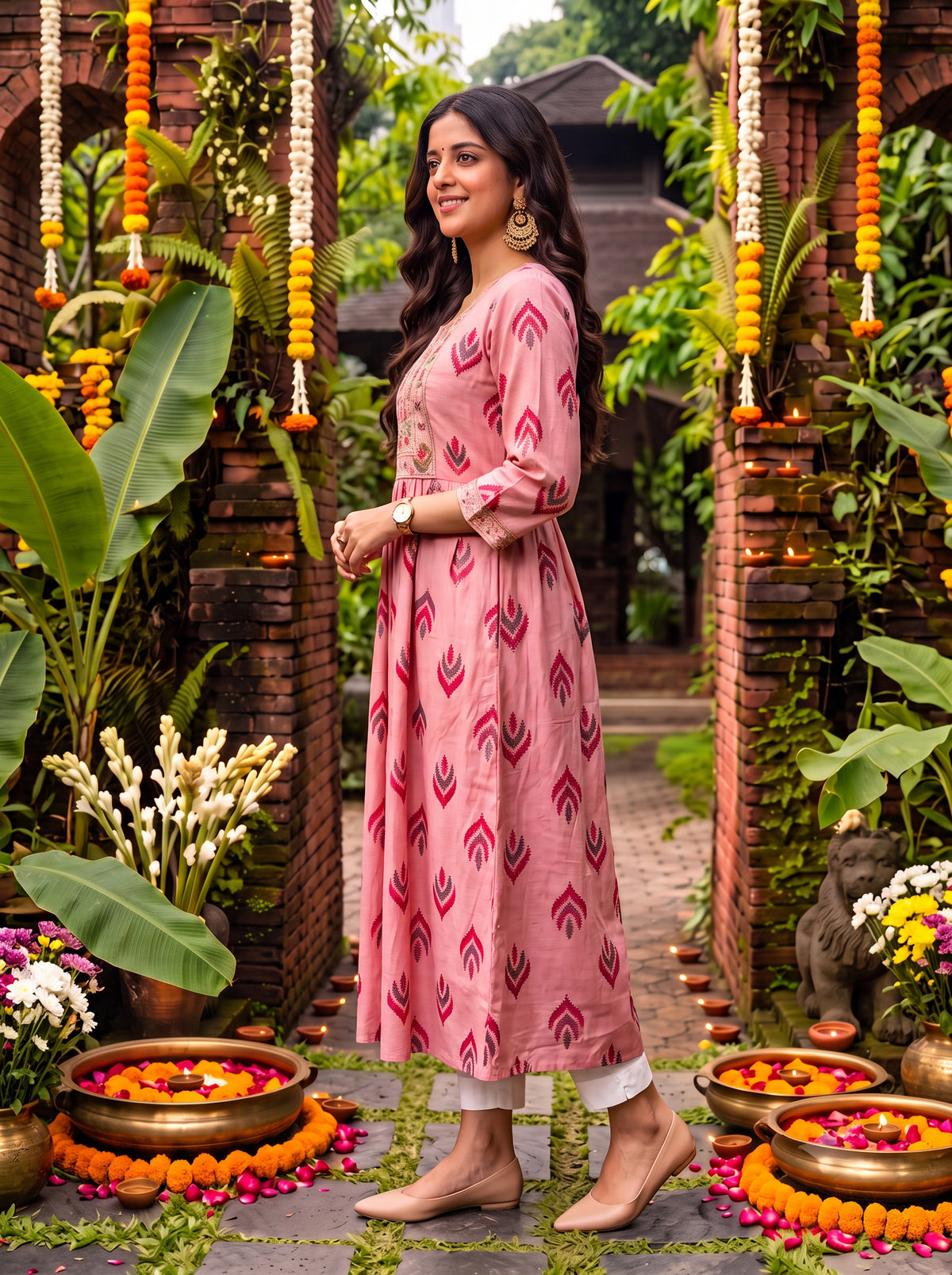 Chanderi Embroidered Flared Calf Length Kurta