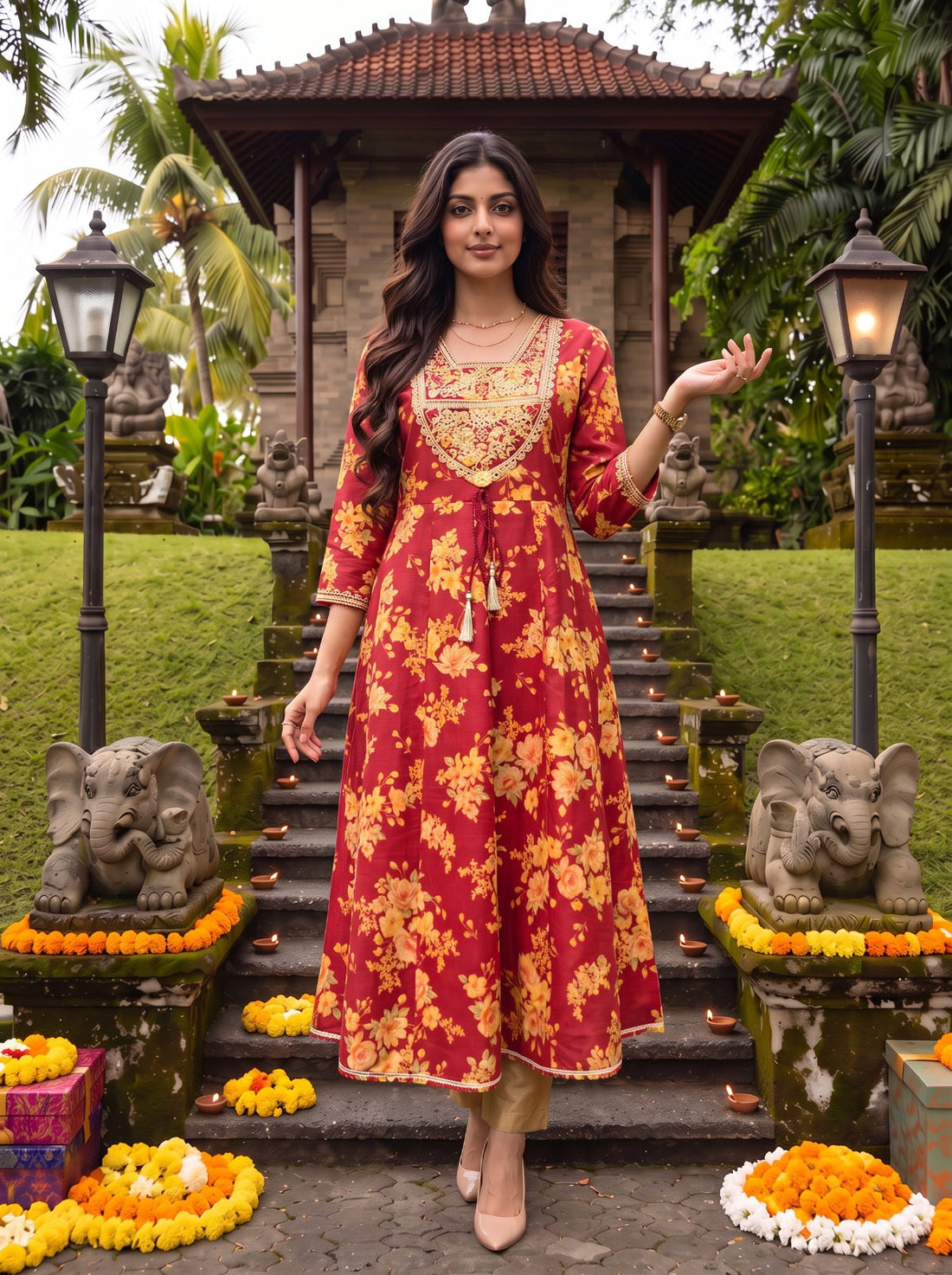 Buy Viscose Embroidered Flared Calf Length Kurta-Maroon