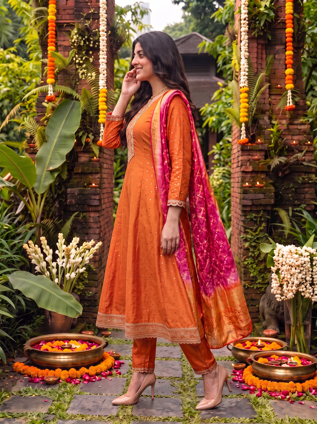Buy Viscose Embroidered Flared Calf Length Kurta With Pant and Dupatta-Orange