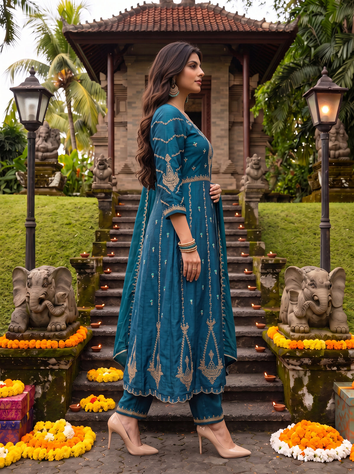 Viscose Embroidered Flared Calf Length Kurta With Pant and Dupatta