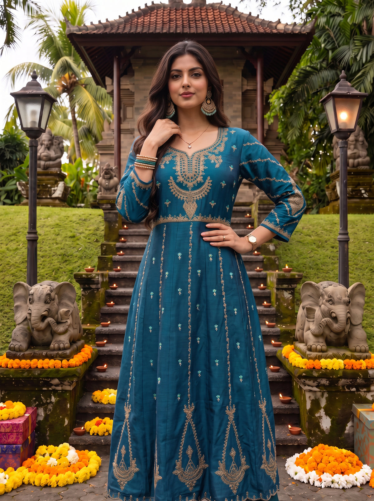 Viscose Embroidered Flared Calf Length Kurta With Pant and Dupatta