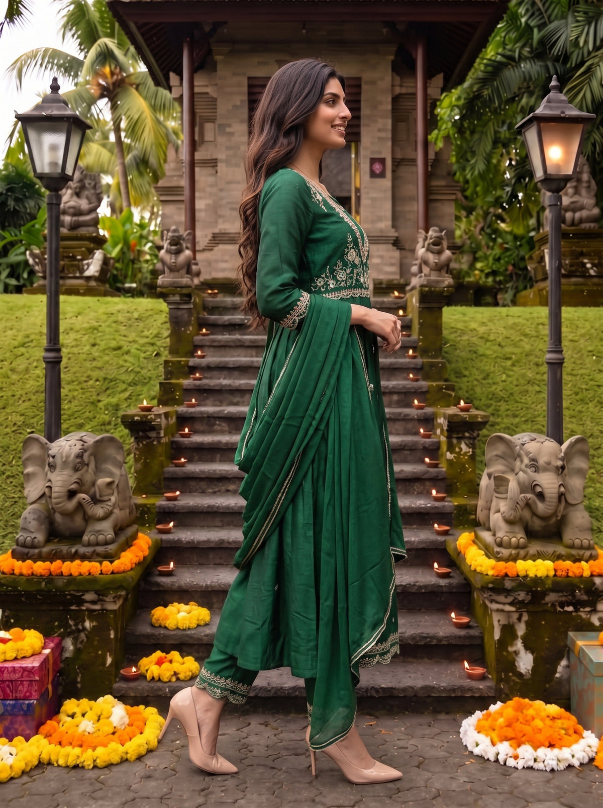 Viscose Embroidered Flared Calf Length Kurta With Pant and Dupatta