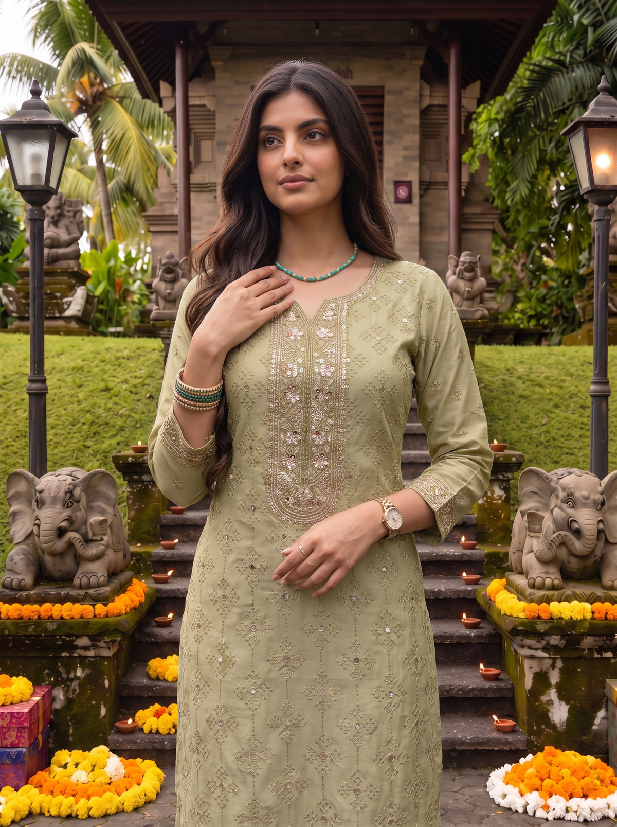 Rayon Embroidered Straight Calf Length Kurta With Pant and Dupatta