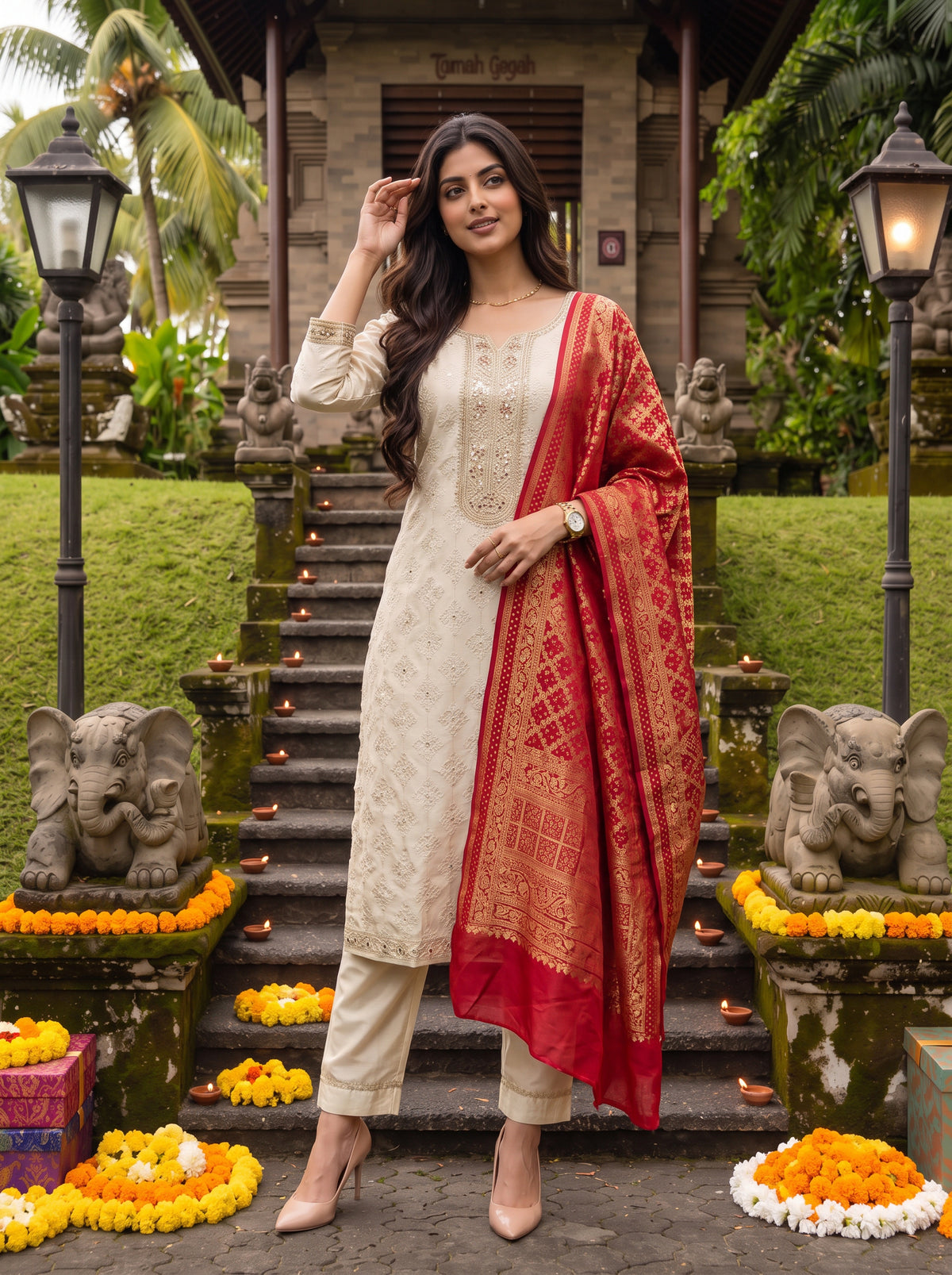 Rayon Embroidered Straight Calf Length Kurta With Pant and Dupatta