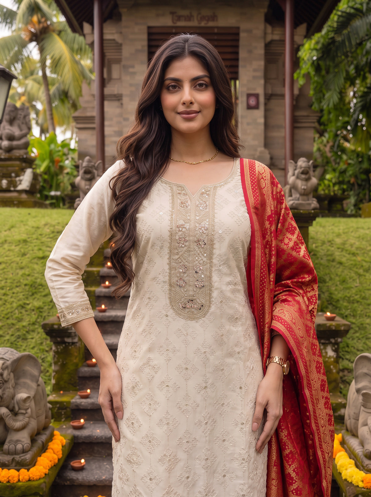 Rayon Embroidered Straight Calf Length Kurta With Pant and Dupatta