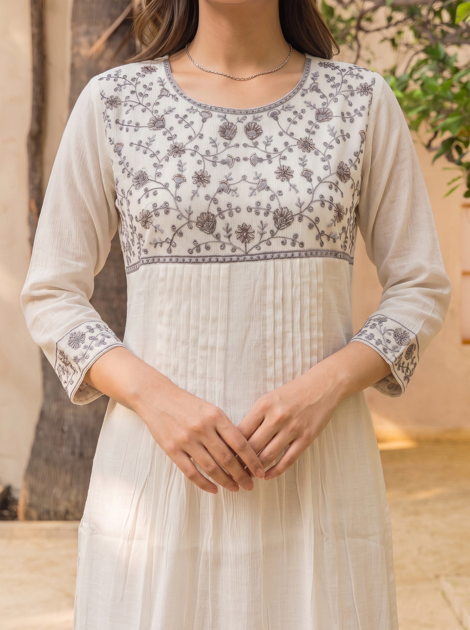 Viscose Embroidered Straight Calf Length Dress