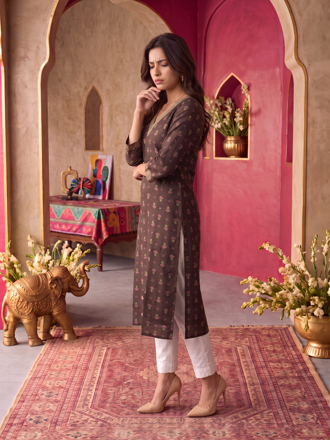 Buy Rayon Embroidered Straight Calf Length Kurta-Brown