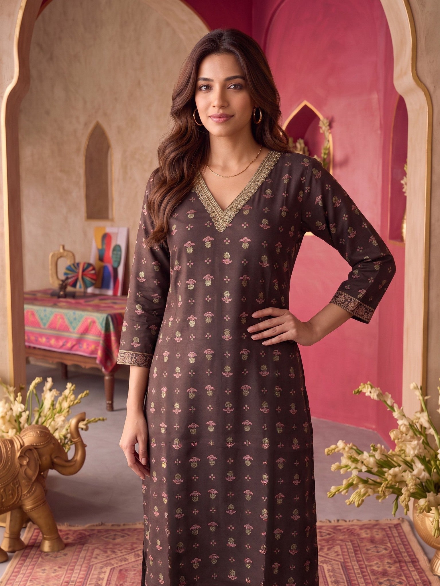 Rayon Embroidered Straight Calf Length Kurta