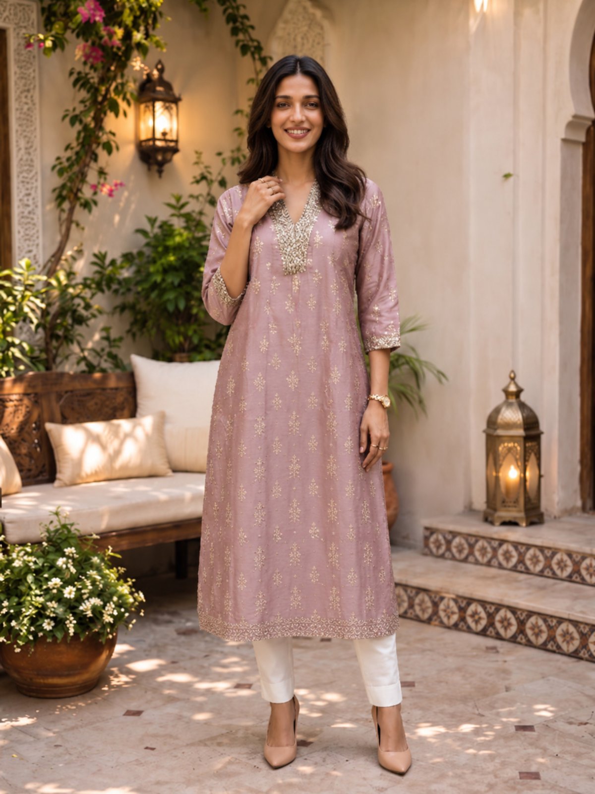 Viscose Embroidered Flared Calf Length Kurta