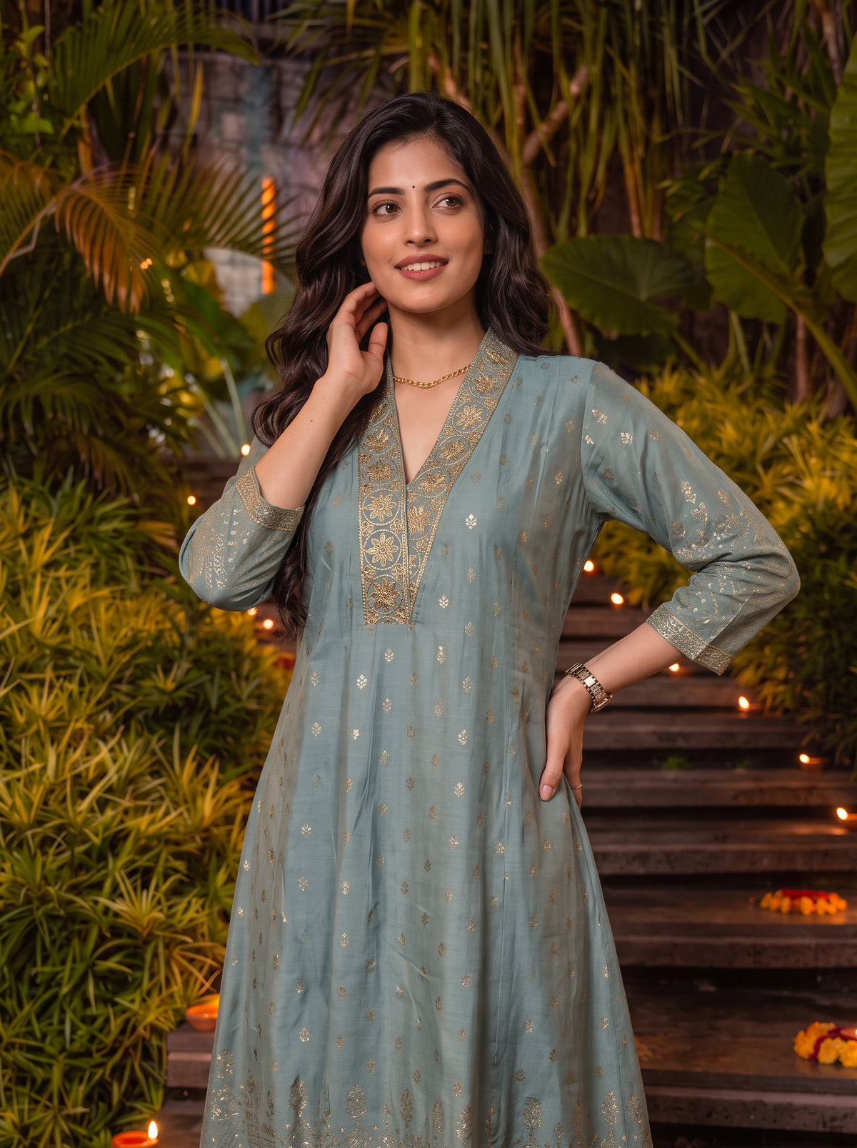 Viscose Embroidered Flared Calf Length Kurta
