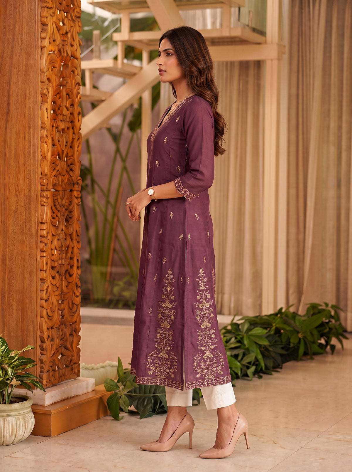 Chanderi Embroidered Flared Calf Length Kurta