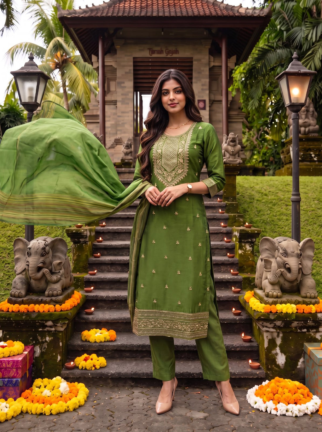 Buy Viscose Embroidered Straight Calf Length Kurta With Pant and Dupatta-Green