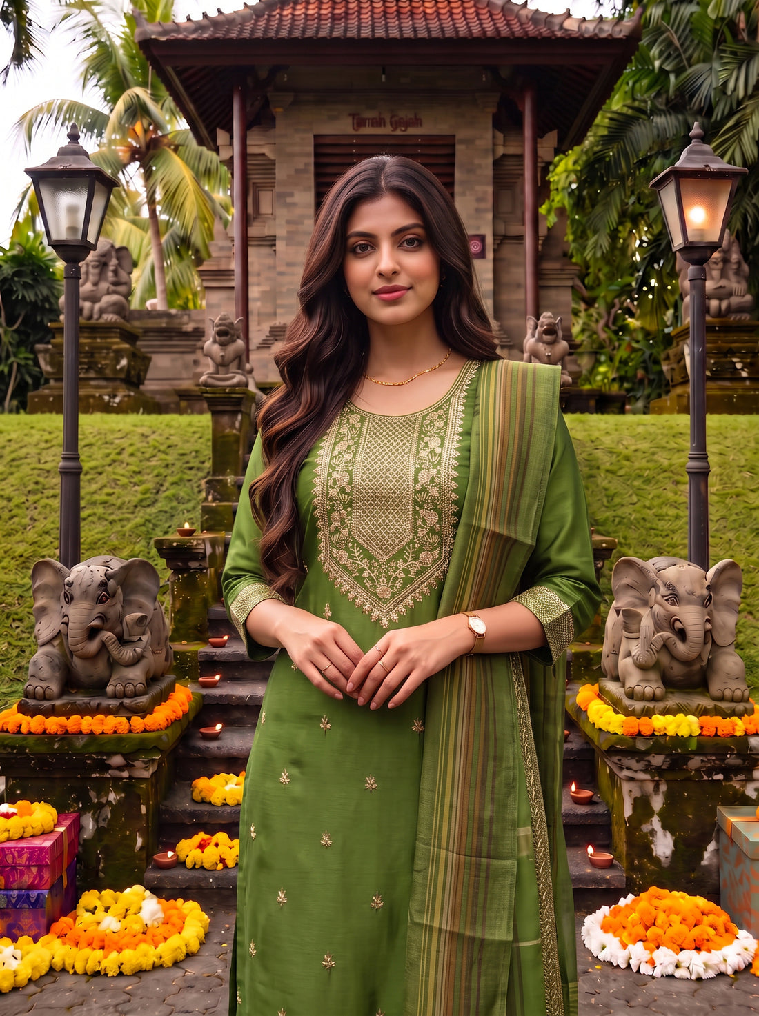 Buy Viscose Embroidered Straight Calf Length Kurta With Pant and Dupatta-Green