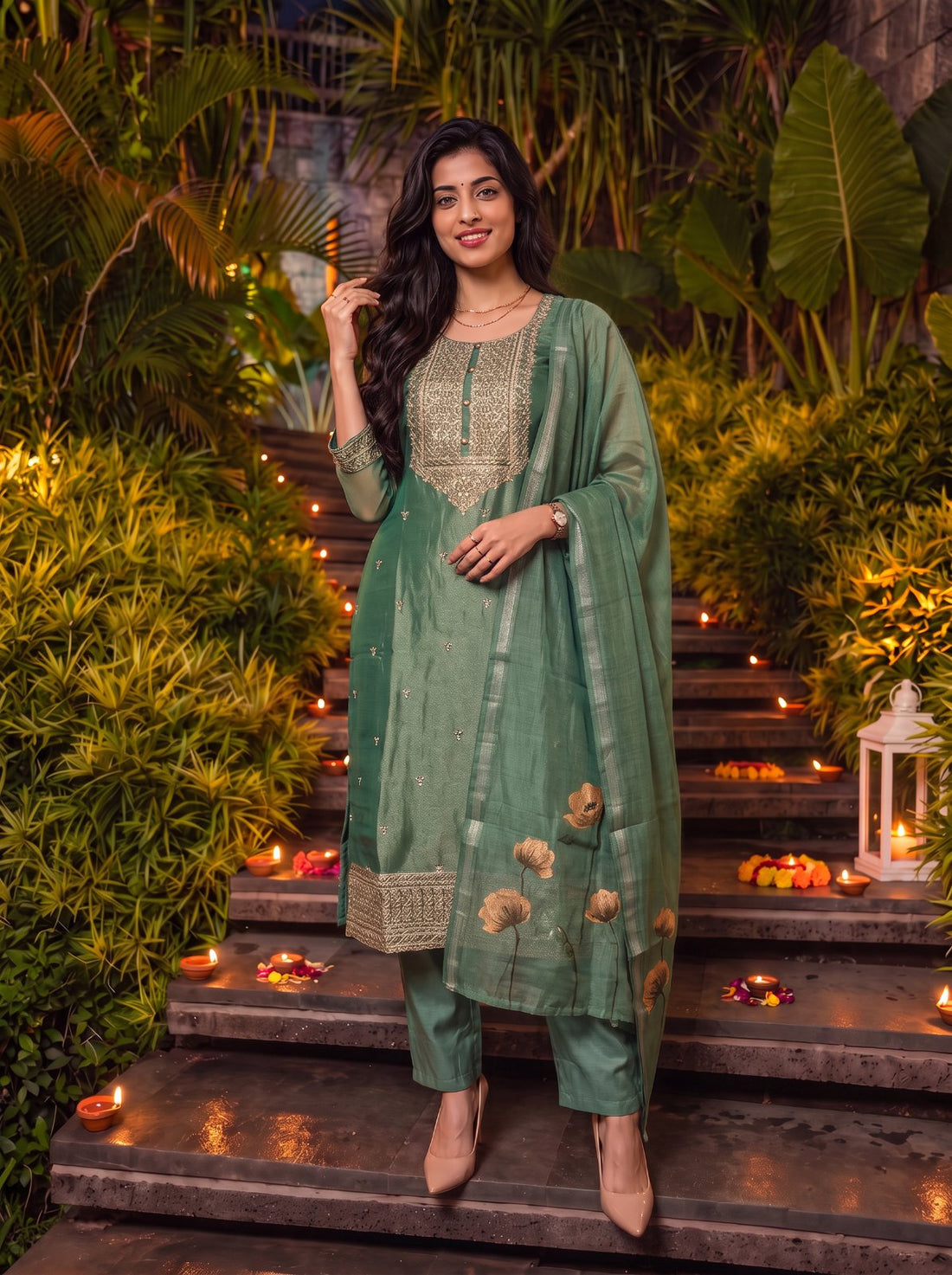 Buy Viscose Embroidered Straight Calf Length Kurta With Pant and Dupatta-Green