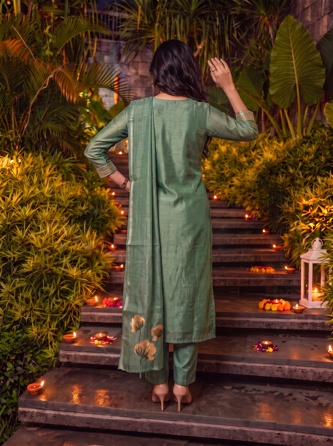 Buy Viscose Embroidered Straight Calf Length Kurta With Pant and Dupatta-Green