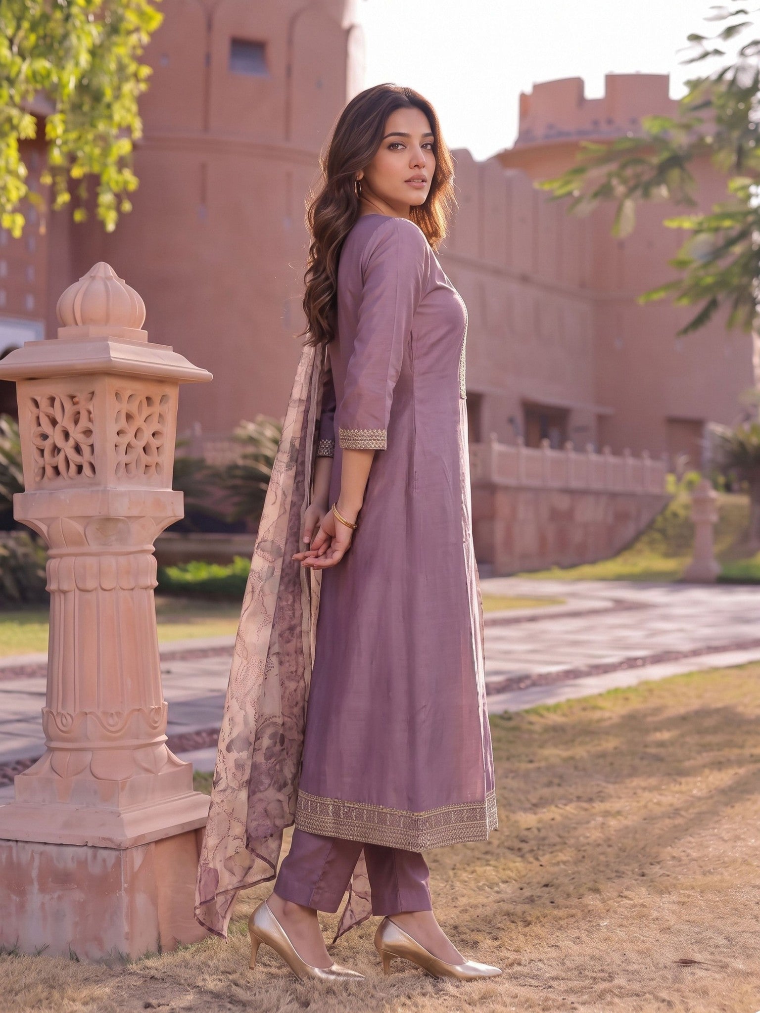 Viscose Embroidered Flared Calf Length Kurta With Pant and Dupatta