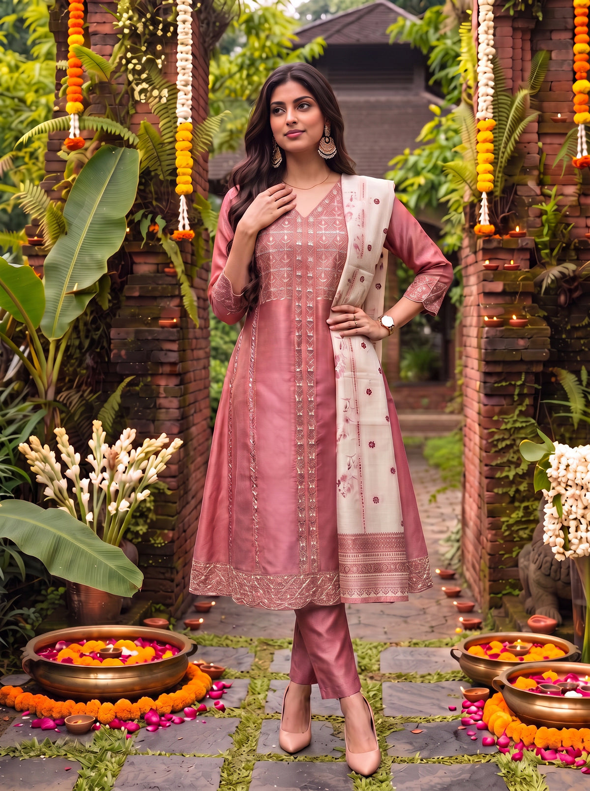 Viscose Embroidered Flared Calf Length Kurta With Pant and Dupatta