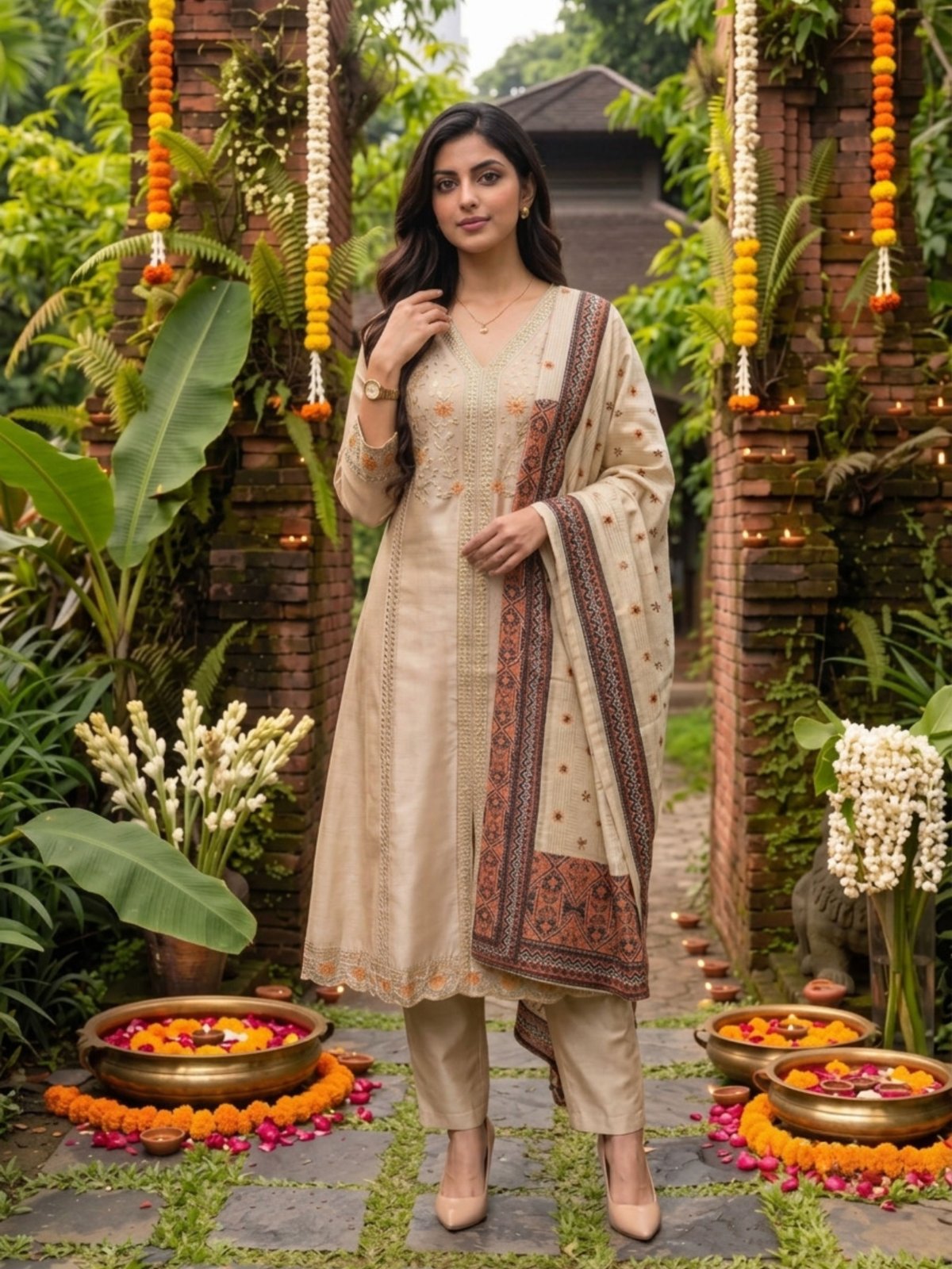 Viscose Embroidered Flared Calf Length Kurta With Pant and Dupatta