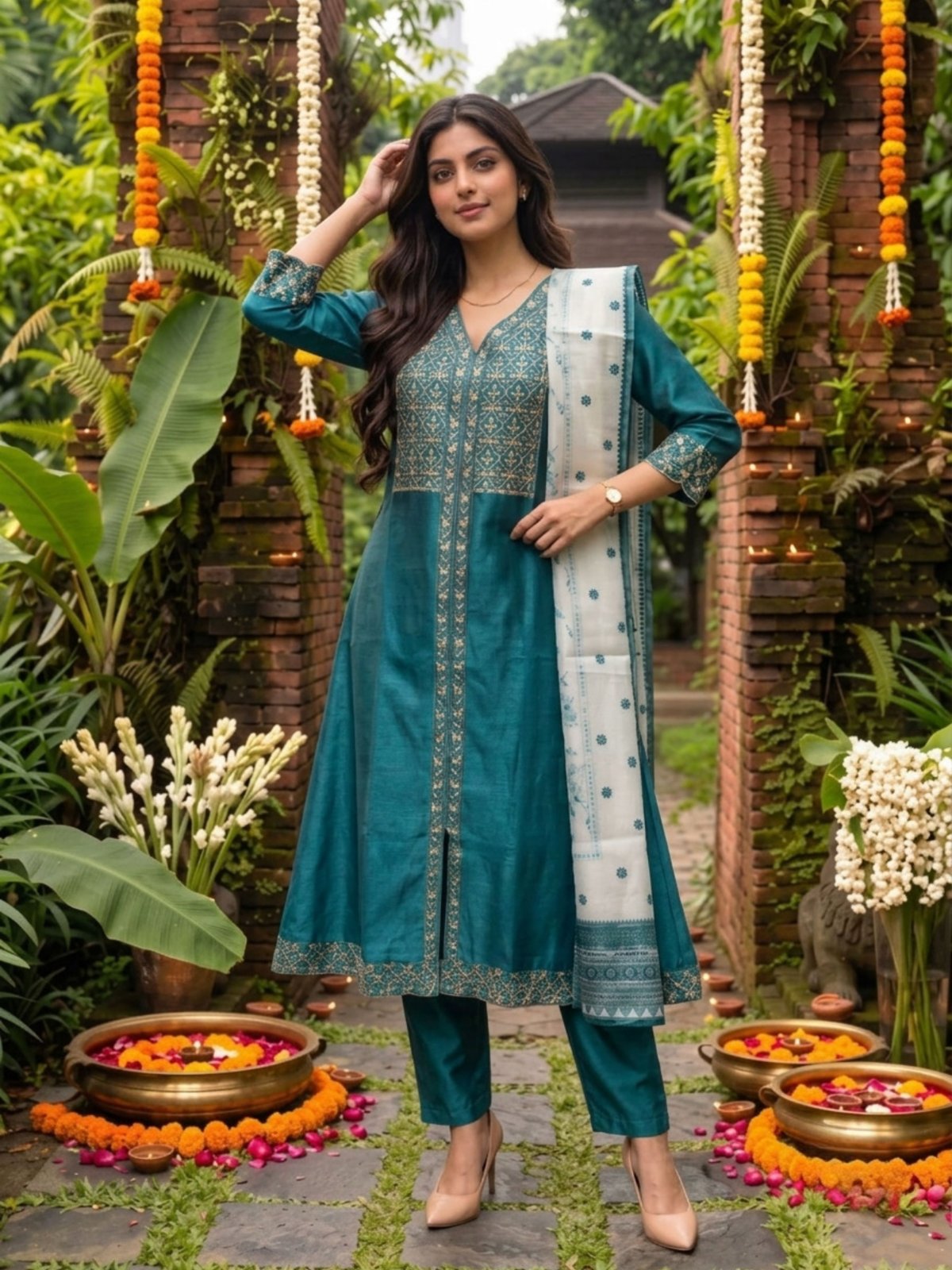 Viscose Embroidered Flared Calf Length Kurta With Pant and Dupatta