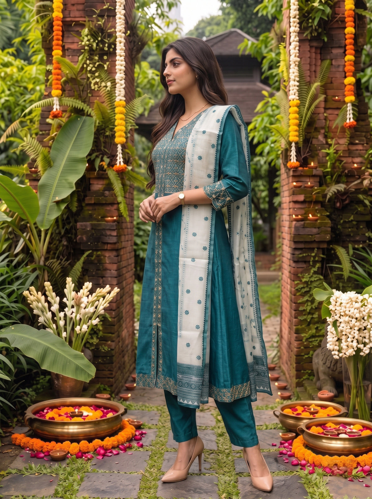 Viscose Embroidered Flared Calf Length Kurta With Pant and Dupatta