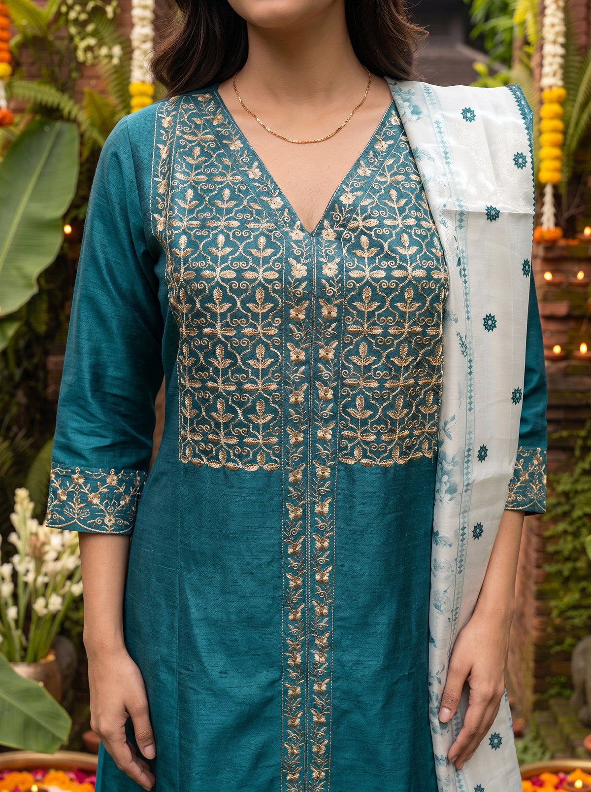 Viscose Embroidered Flared Calf Length Kurta With Pant and Dupatta