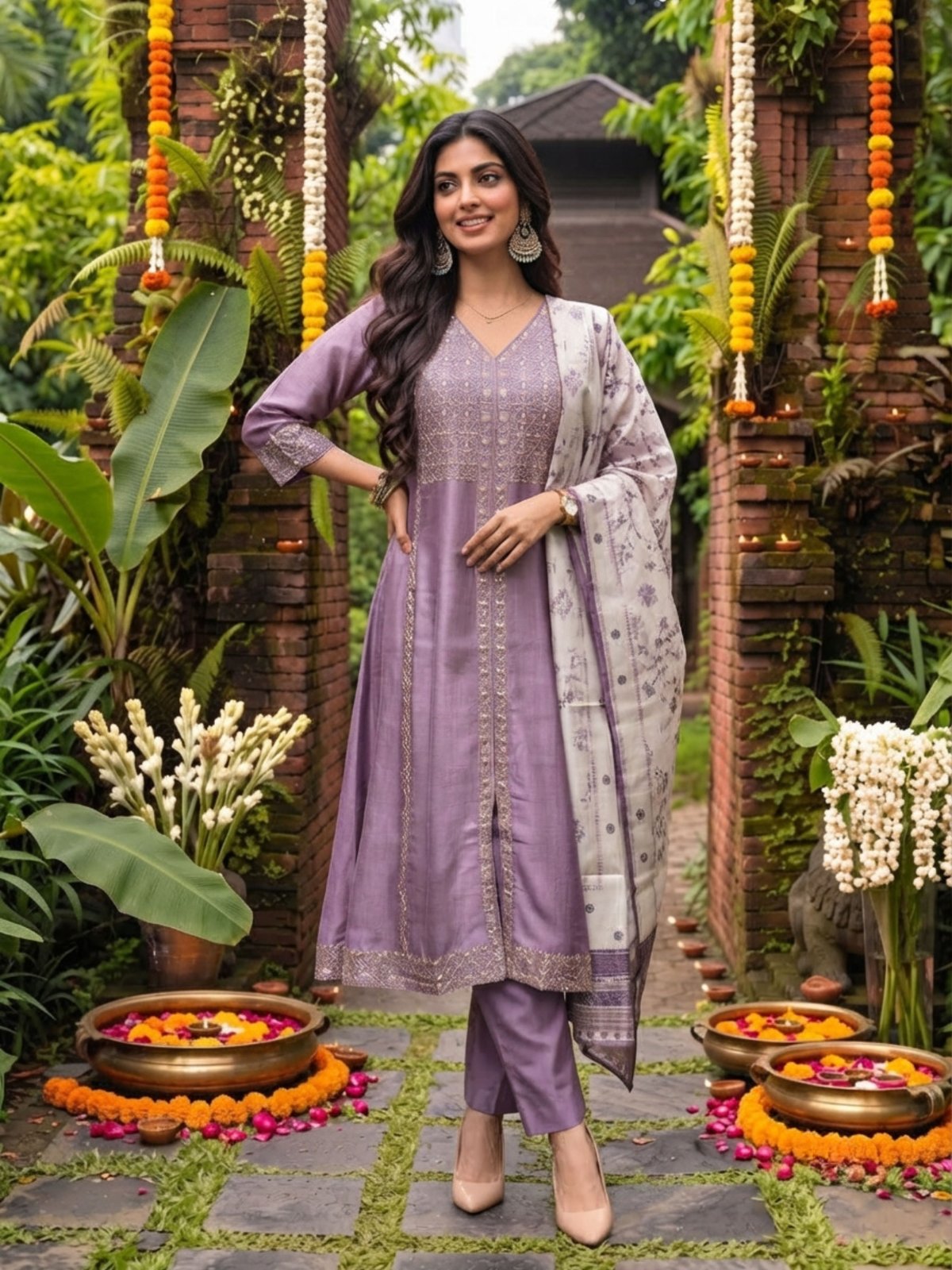 Viscose Embroidered Flared Calf Length Kurta With Pant and Dupatta