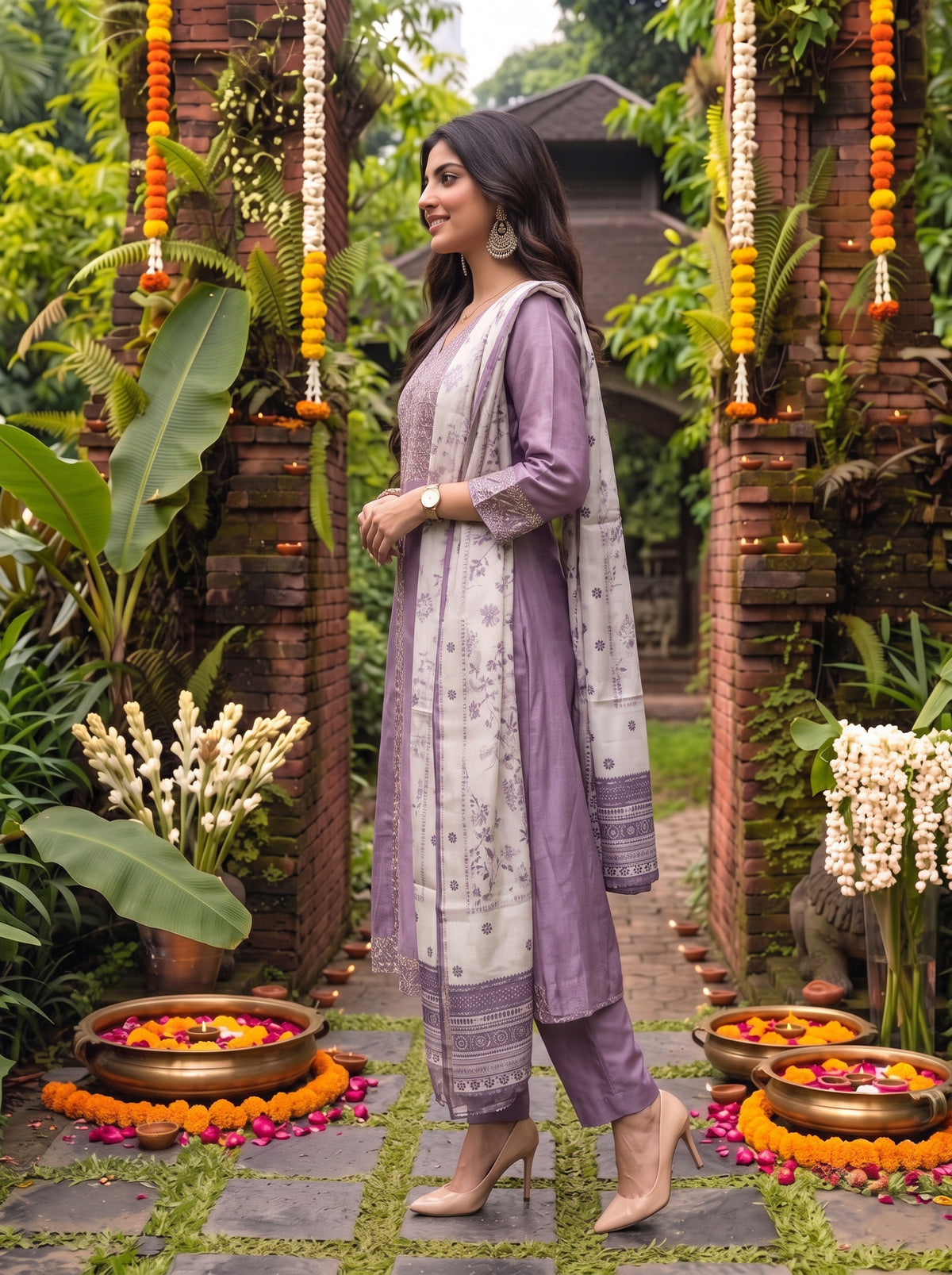Viscose Embroidered Flared Calf Length Kurta With Pant and Dupatta