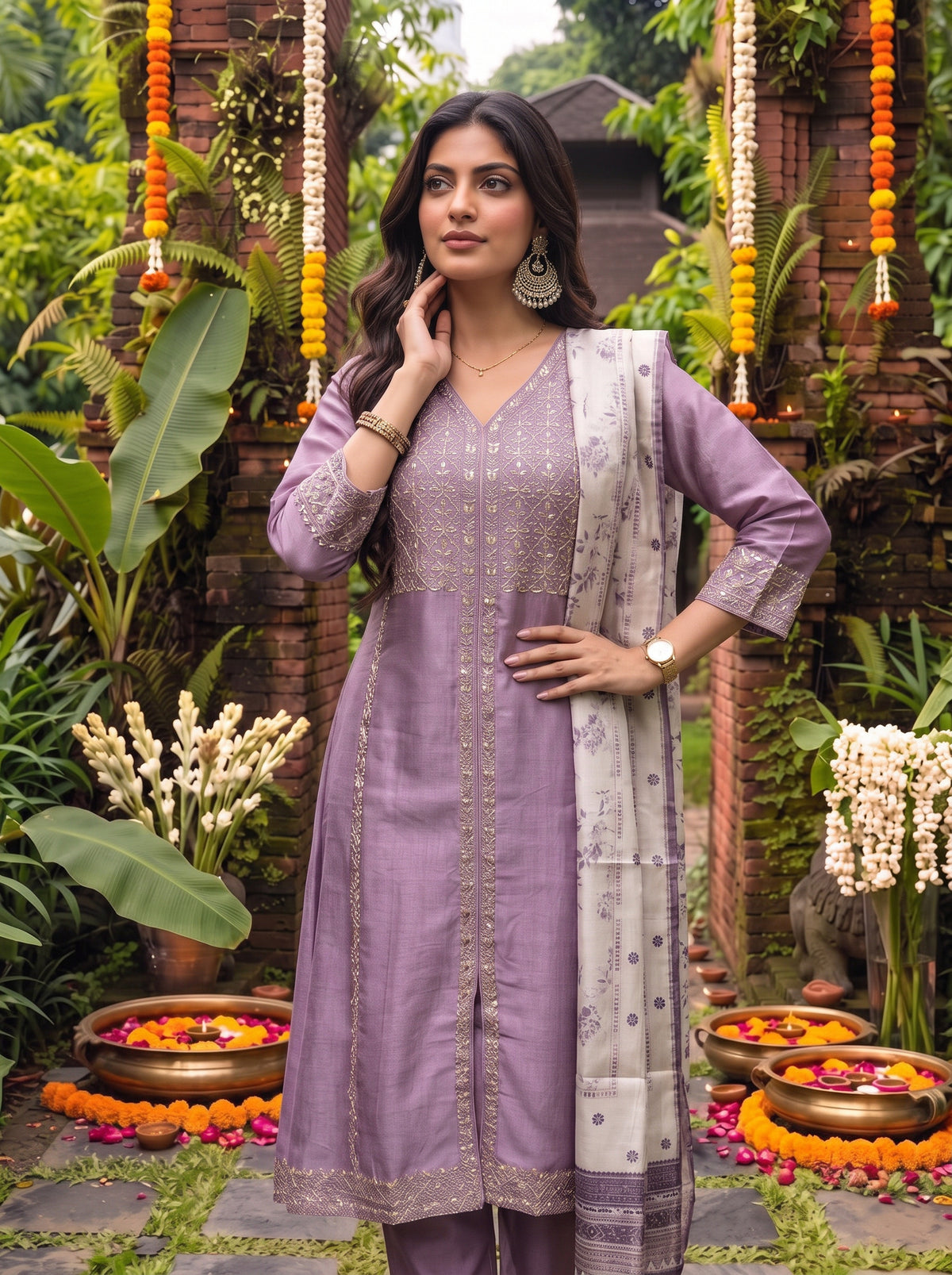 Viscose Embroidered Flared Calf Length Kurta With Pant and Dupatta