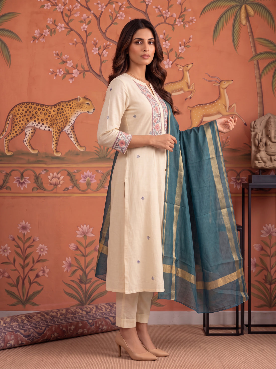 Buy Cotton Embroidered A-Line Calf Length Kurta With Pant and Dupatta-Cream