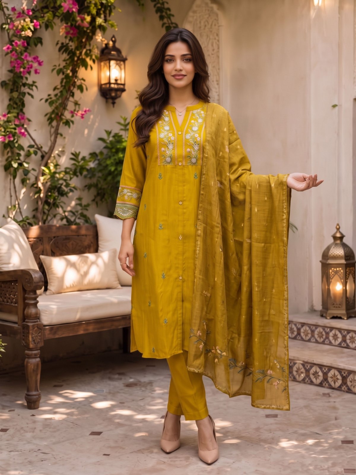Viscose Embroidered A-Line Calf Length Kurta With Pant and Dupatta