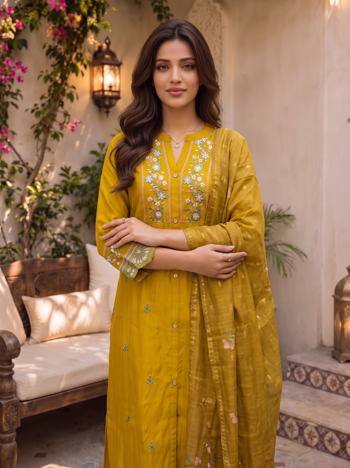 Viscose Embroidered A-Line Calf Length Kurta With Pant and Dupatta