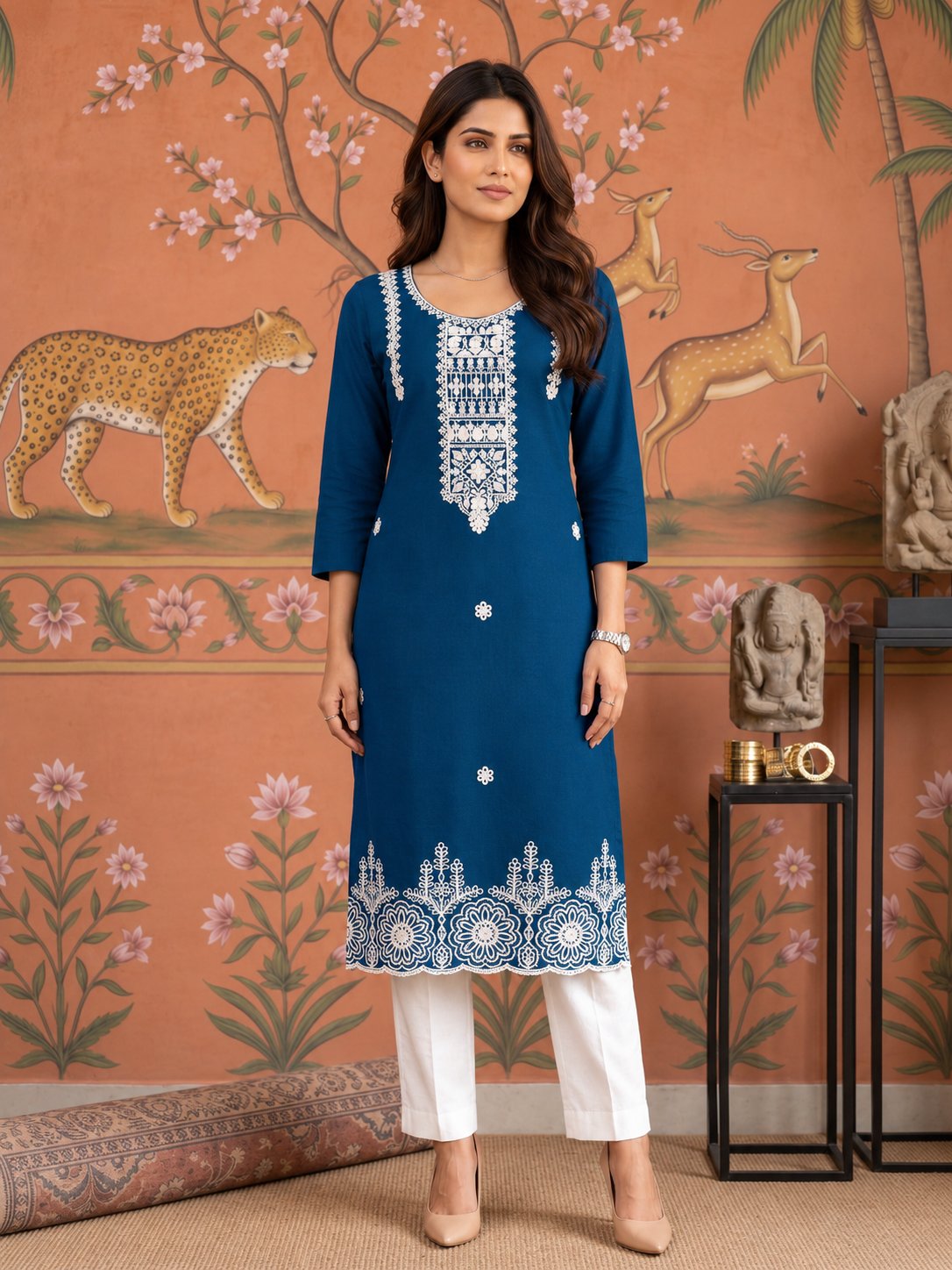 Cotton Embroidered Straight Calf Length Kurta
