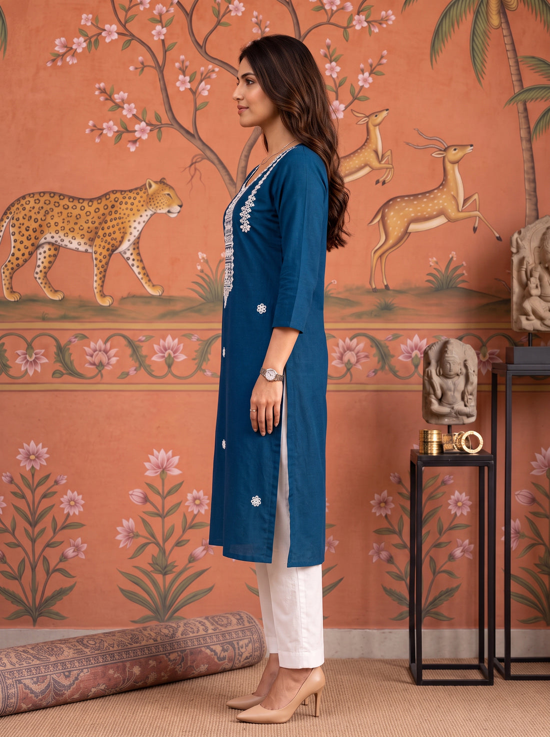 Buy Cotton Embroidered Straight Calf Length Kurta-Blue