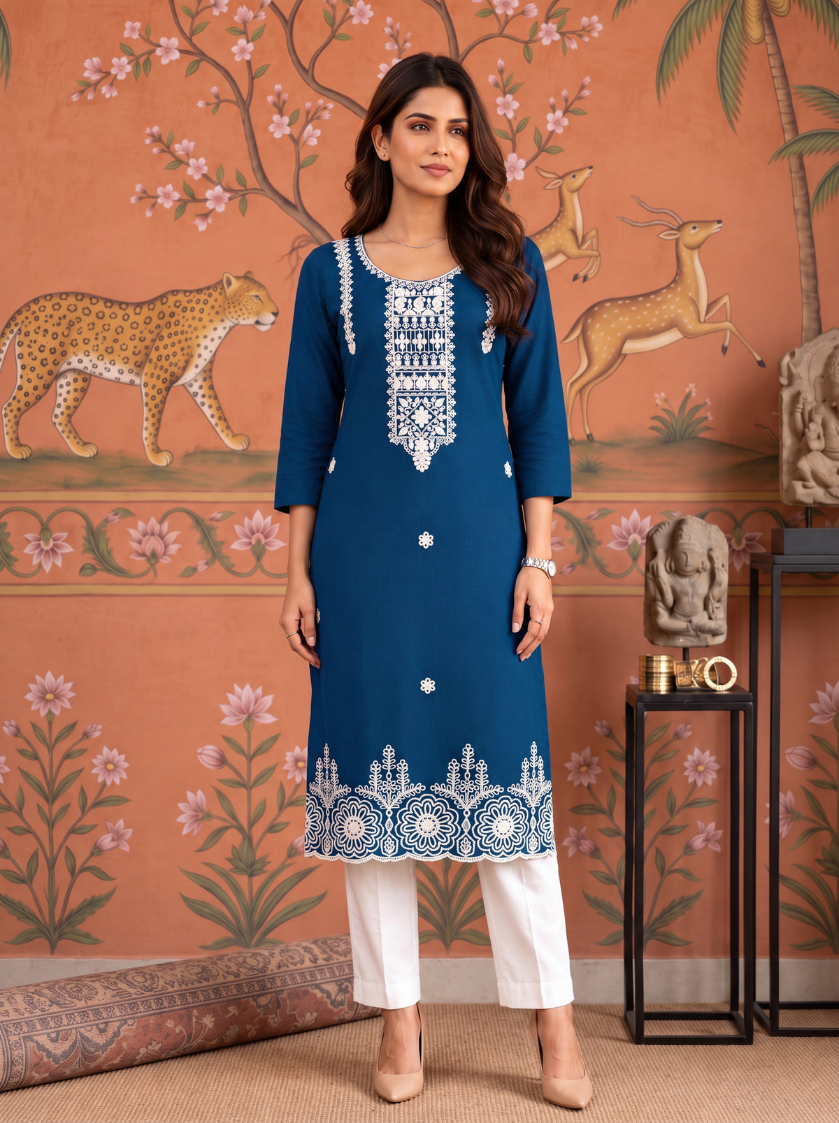 Cotton Embroidered Straight Calf Length Kurta