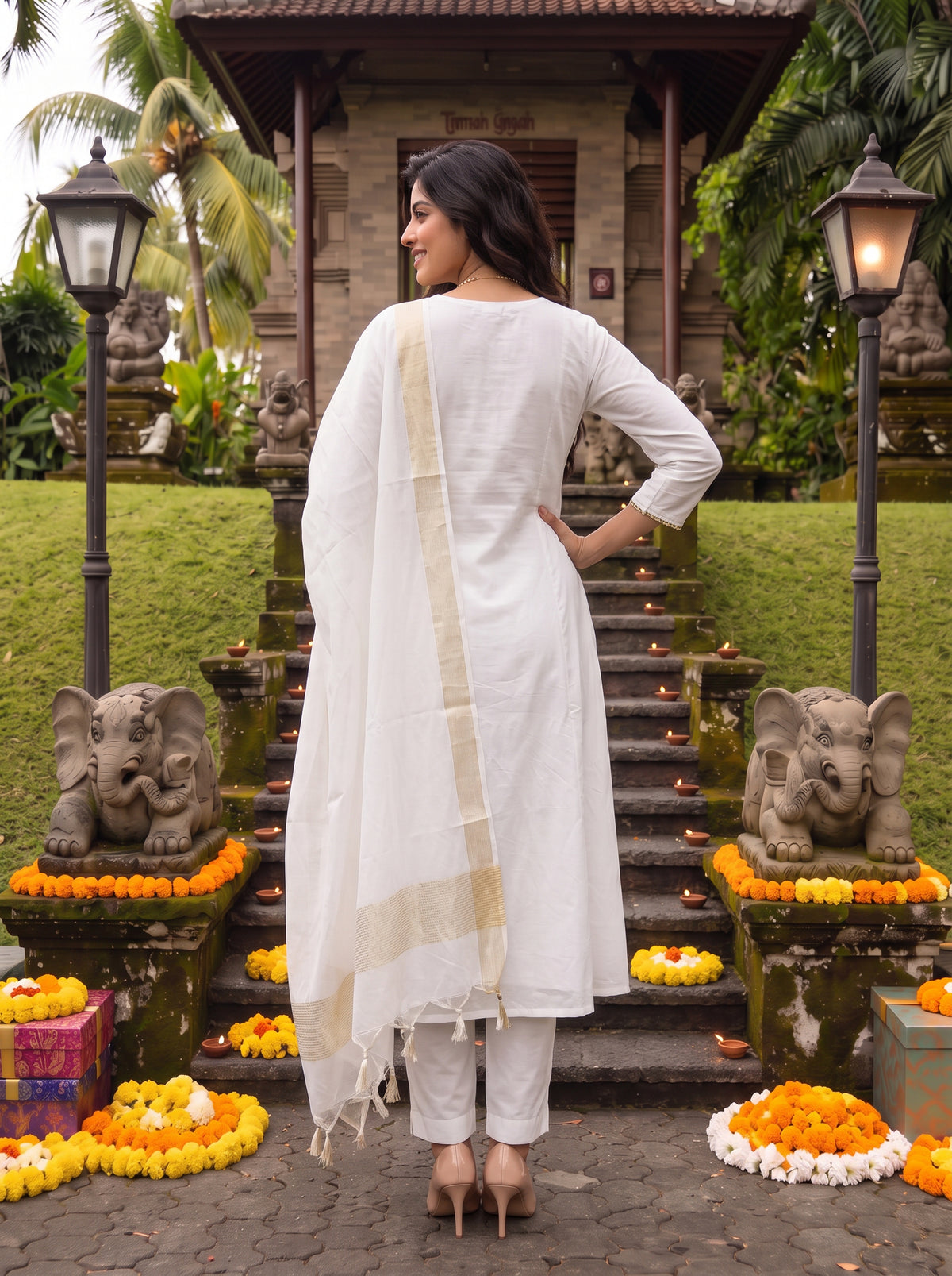Chanderi Embroidered Flared Calf Length Kurta With Pant and Dupatta