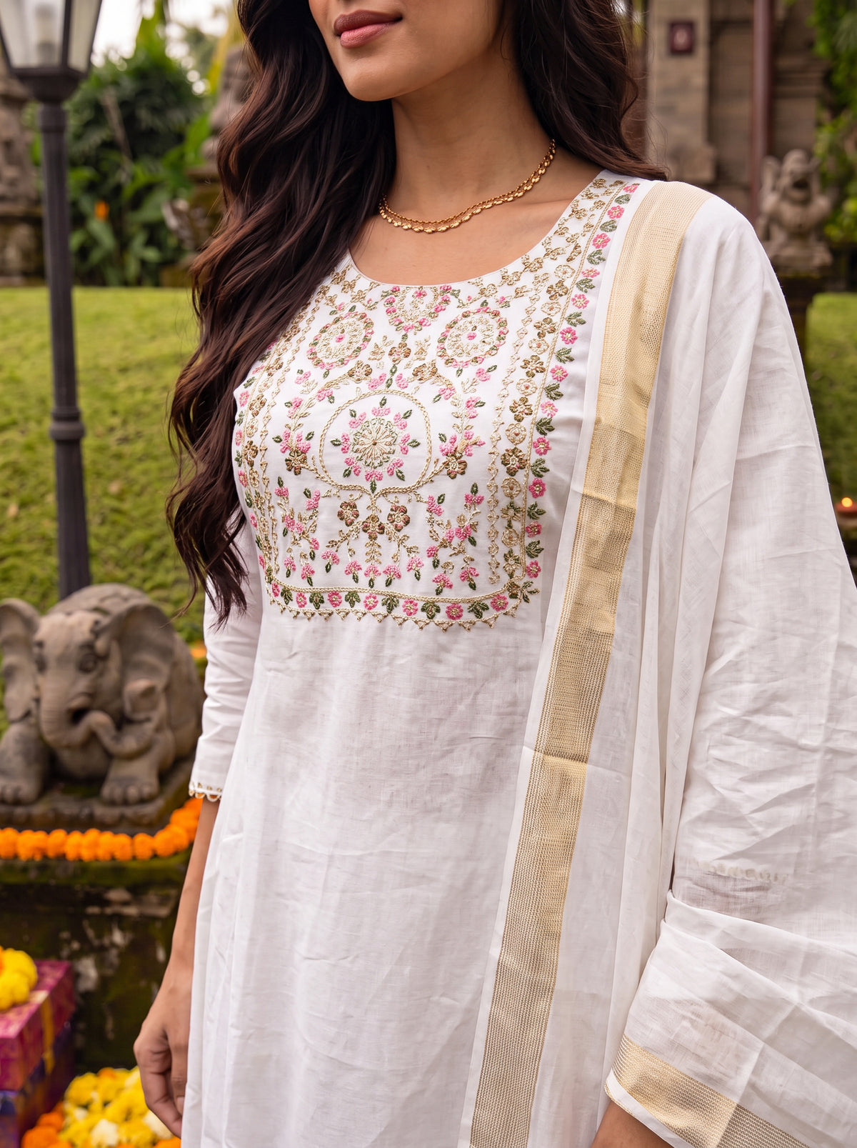 Chanderi Embroidered Flared Calf Length Kurta With Pant and Dupatta