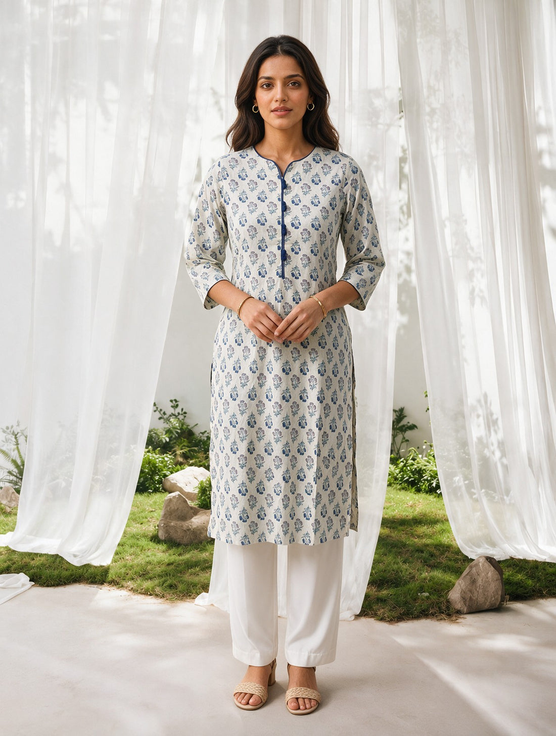 Buy Cotton Printed Straight Knee Length Kurta-Off White