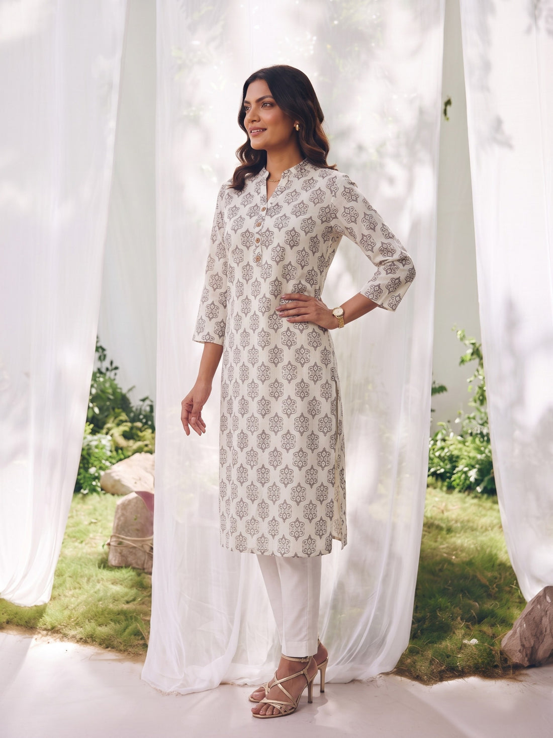 Buy Rayon Printed Straight Calf Length Kurta-Off White
