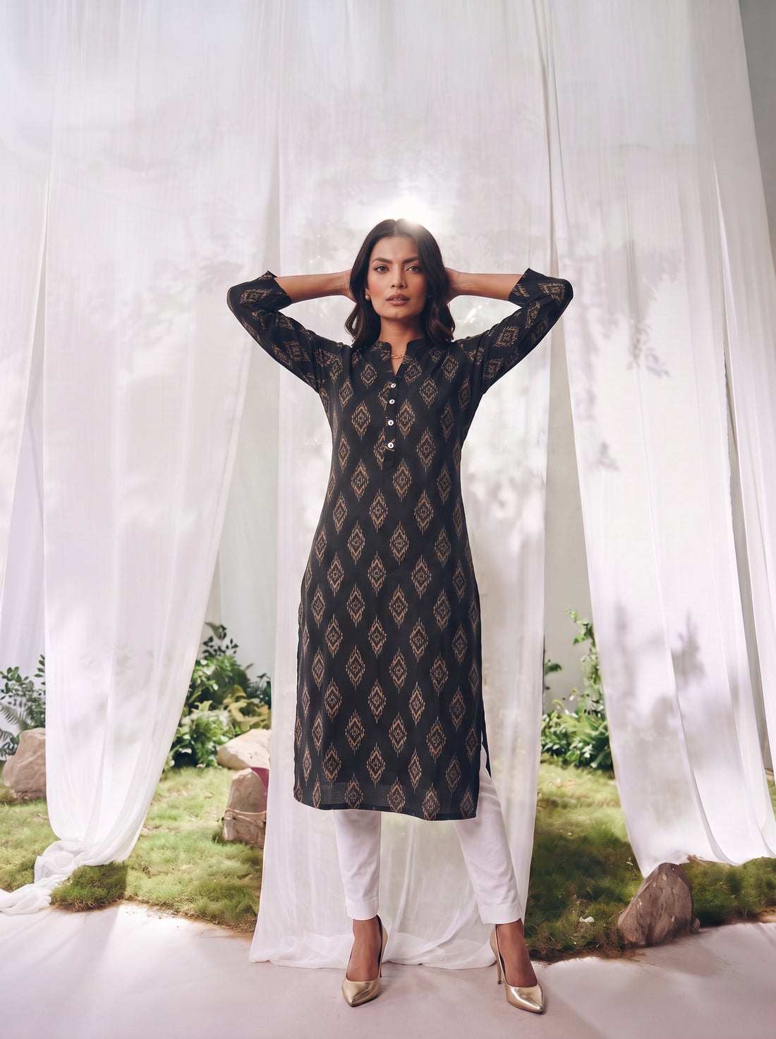 Buy Rayon Printed Straight Calf Length Kurta-Black