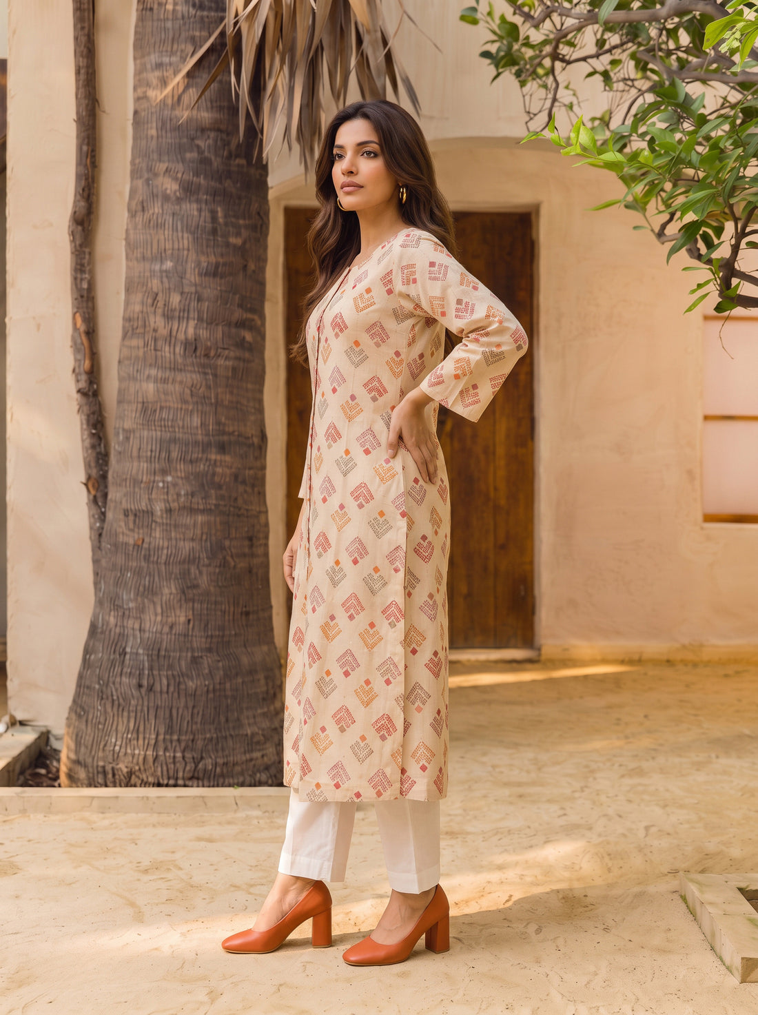 Buy Rayon Printed Straight Calf Length Kurta-Cream