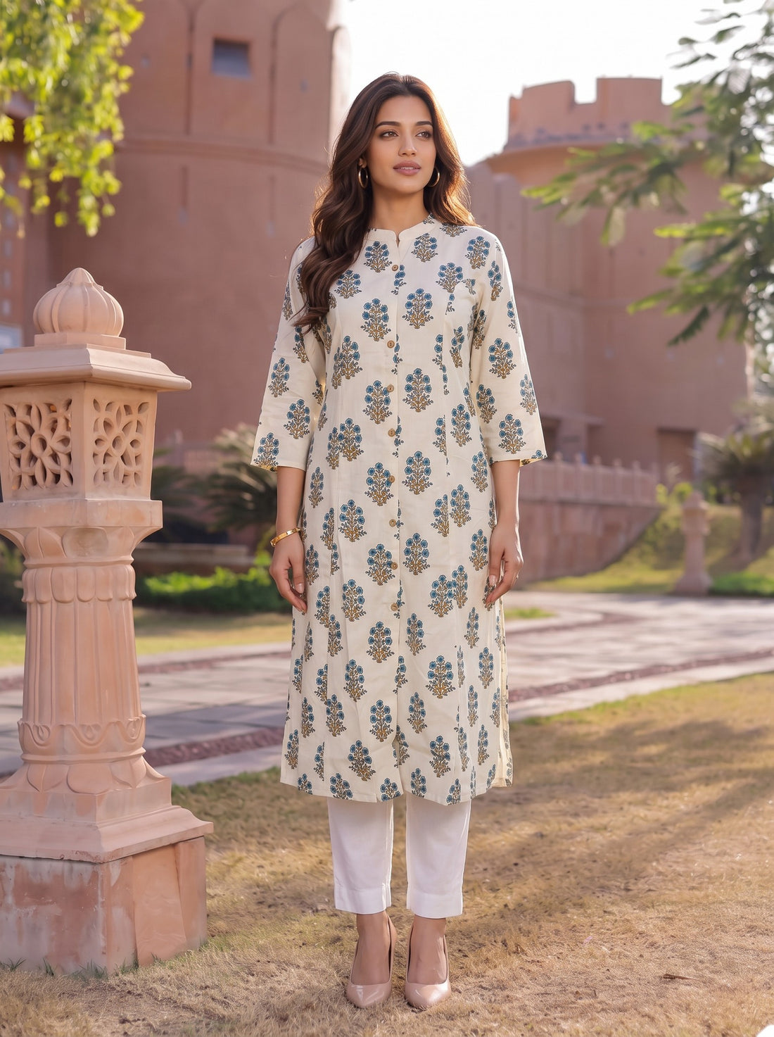 Buy Cotton Printed A-Line Calf Length Kurta-Beige