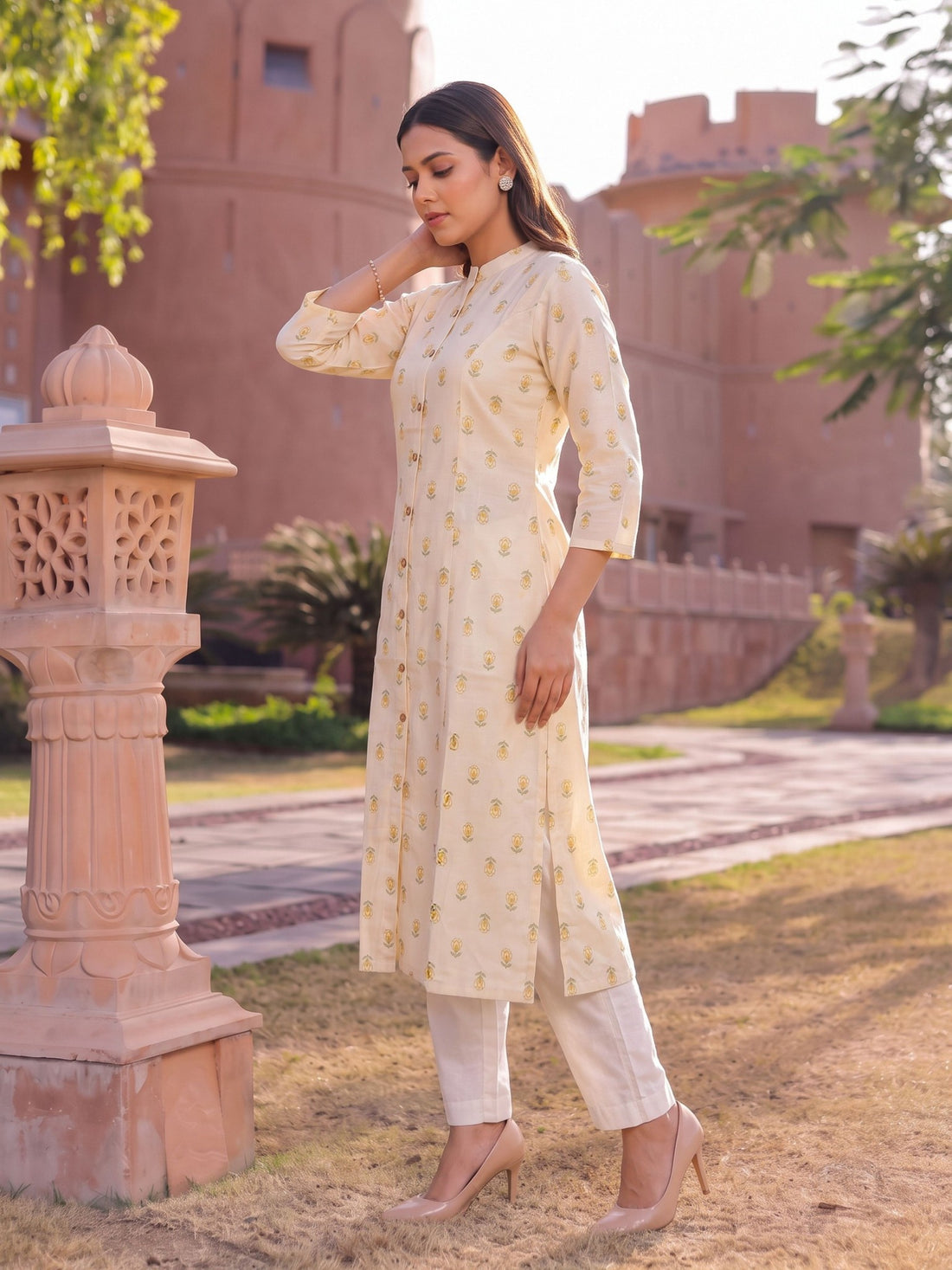 Buy Viscose Printed A-Line Calf Length Kurta-Beige
