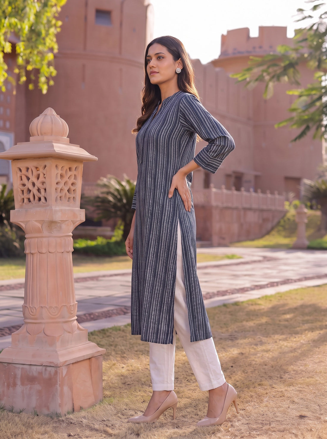 Buy Viscose Printed Straight Calf Length Kurta-Blue