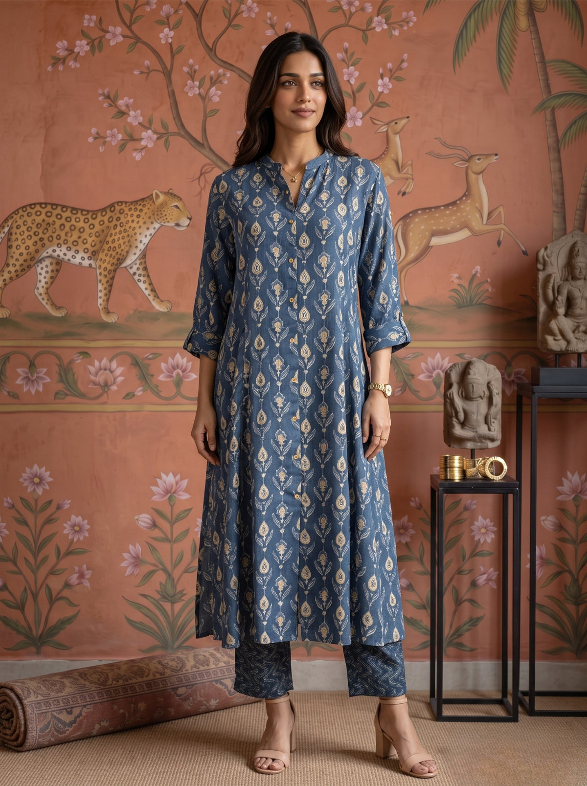 Cotton Printed A-Line Calf Length Kurta With Pant