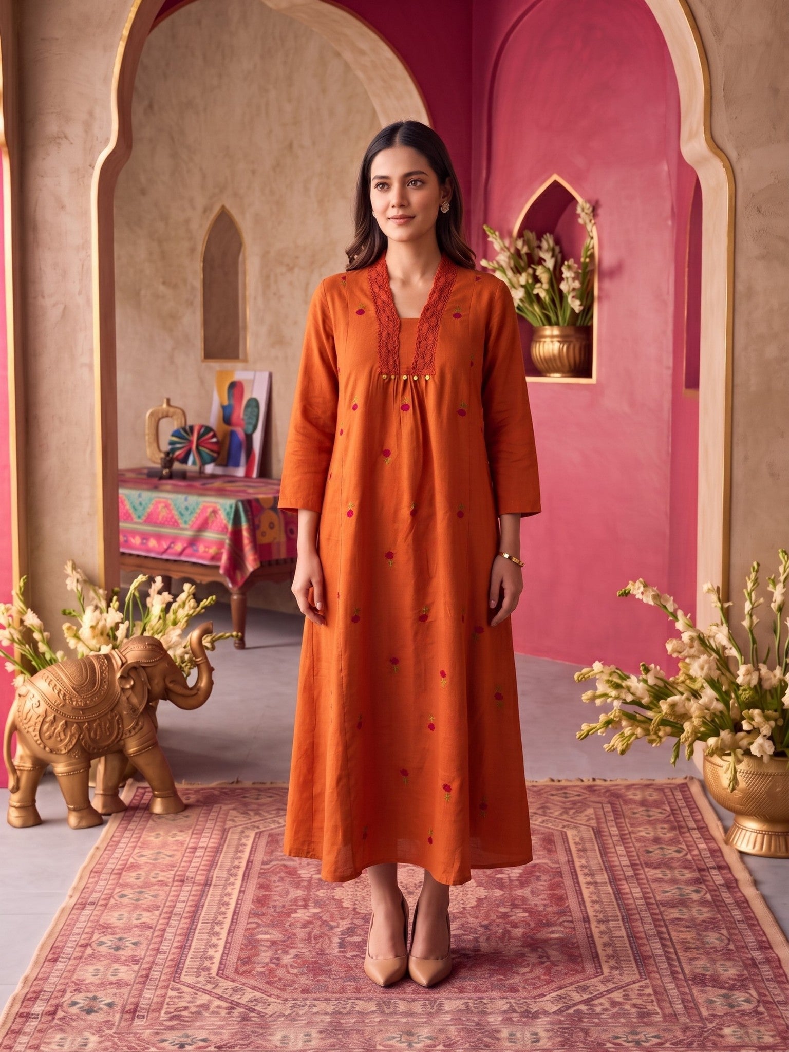 Cotton Embroidered Flared Calf Length Dress