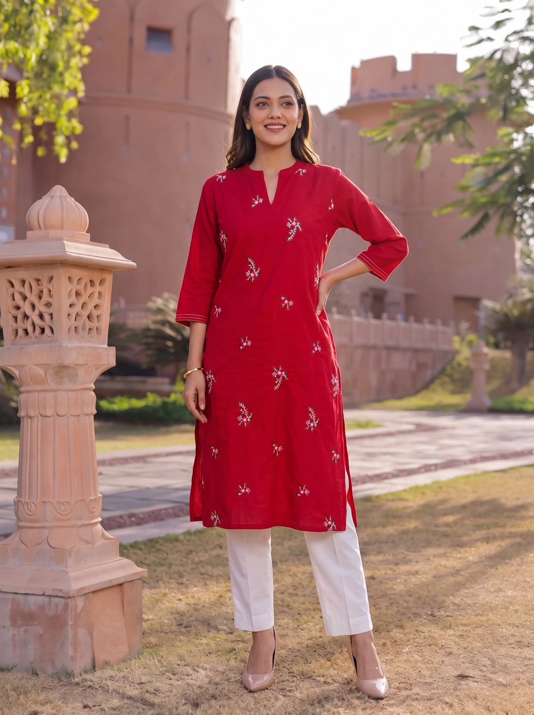 Buy Cotton Embroidered Straight Calf Length Kurta-Pink