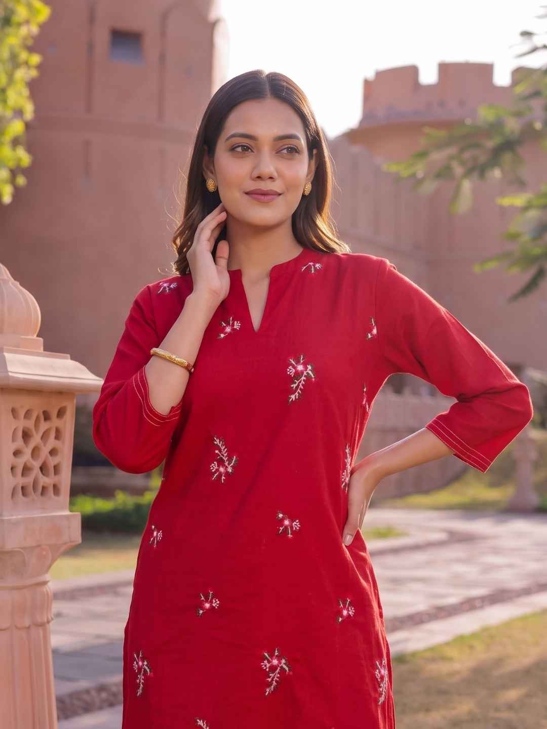 Cotton Embroidered Straight Calf Length Kurta