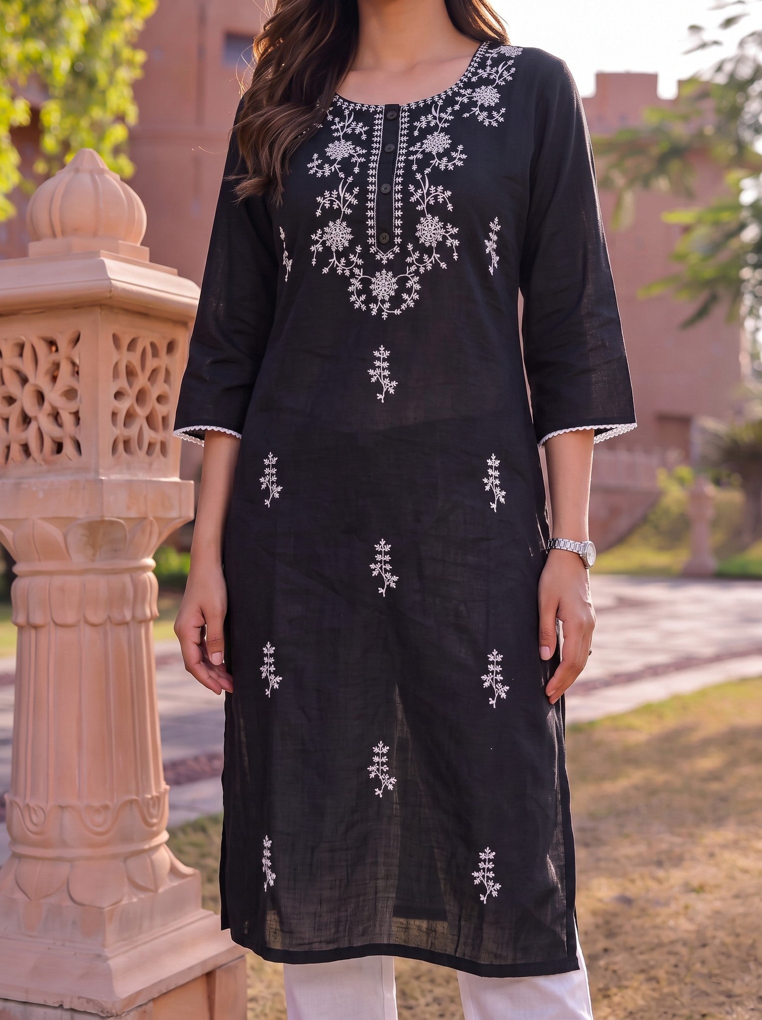 Cotton Embroidered Straight Calf Length Kurta